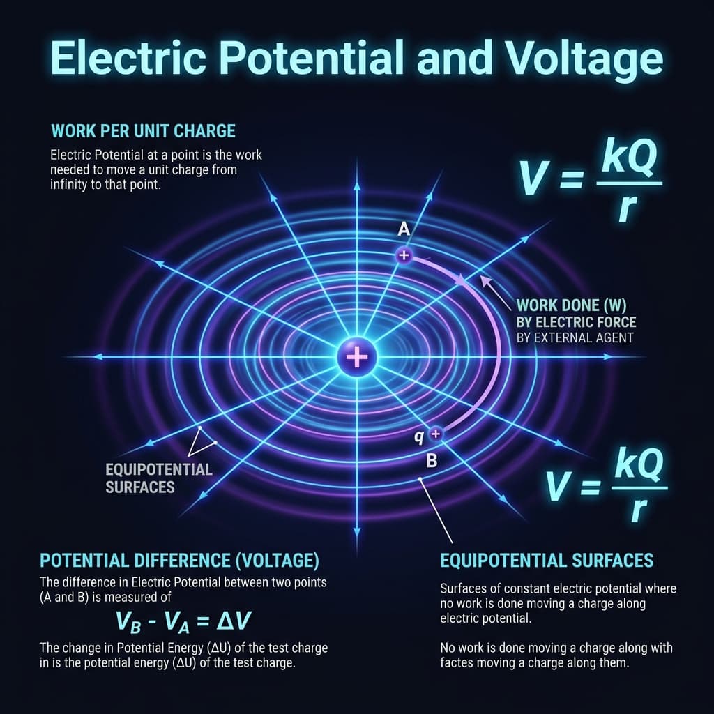 Electric Potential Infographic explaining V = W / Q and potential fields