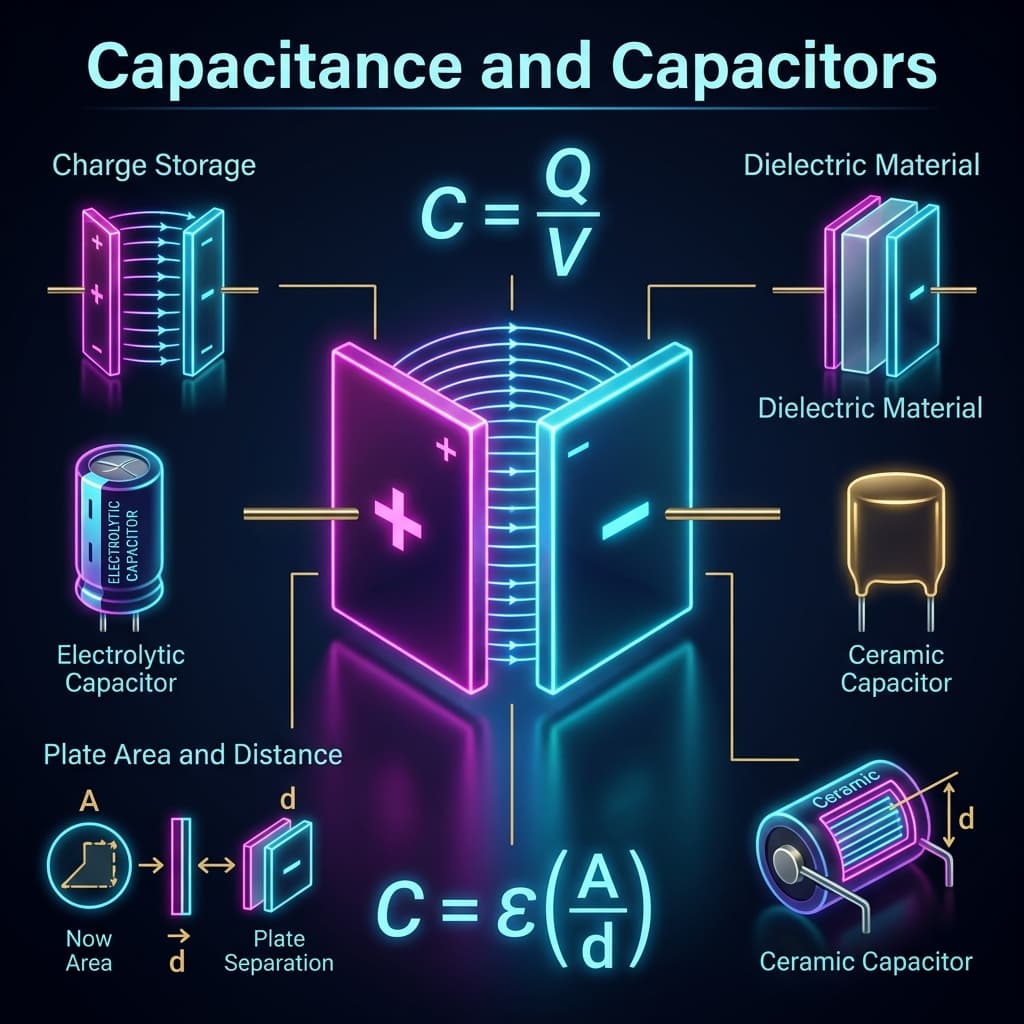 Capacitance Infographic explaining C = Q / V