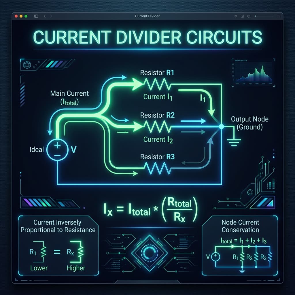 Current Divider Infographic explaining how current splits in parallel branches