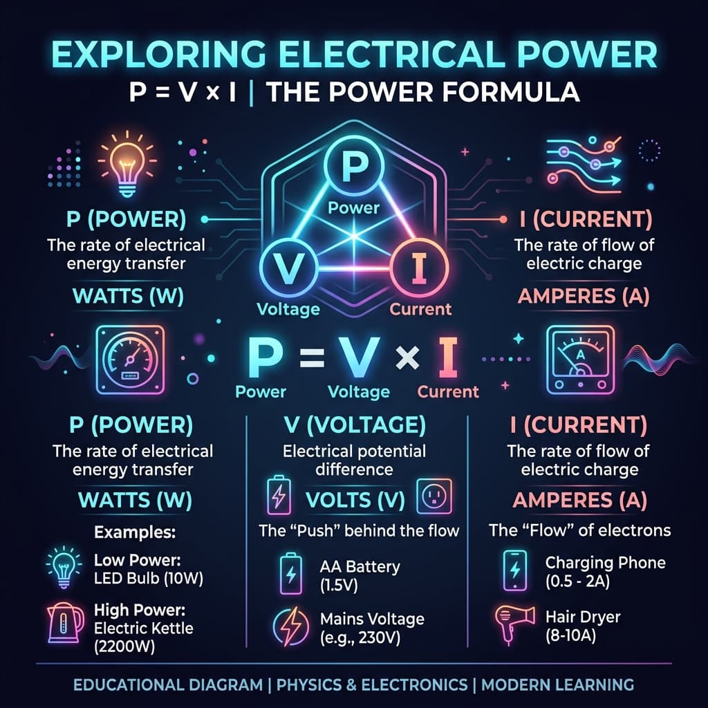 Electrical Power Infographic explaining P = V x I