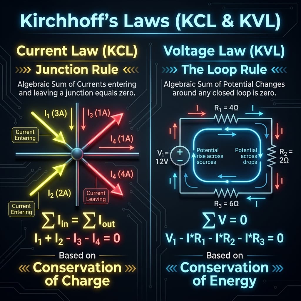 Kirchhoff's Law Infographic explaining KCL and KVL