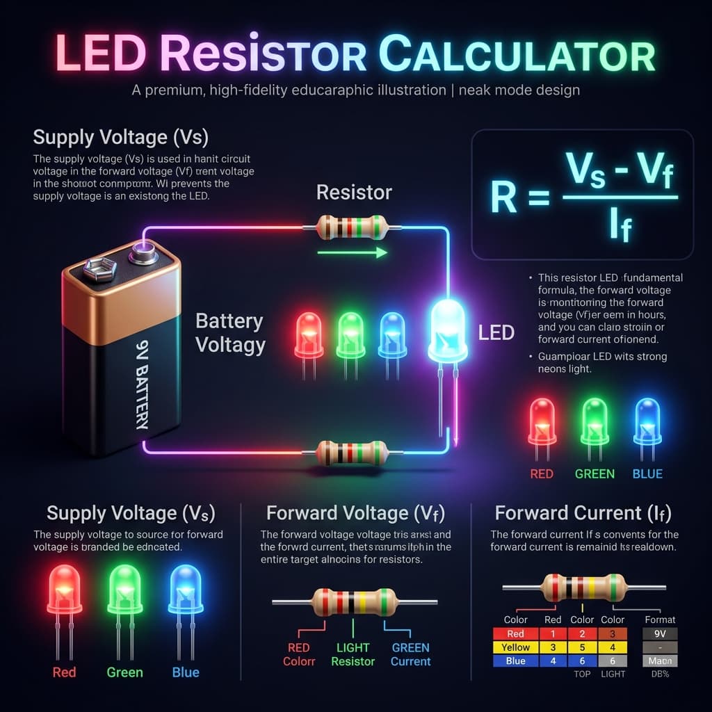 LED Resistor Infographic explaining R = (Vs - Vf) / If