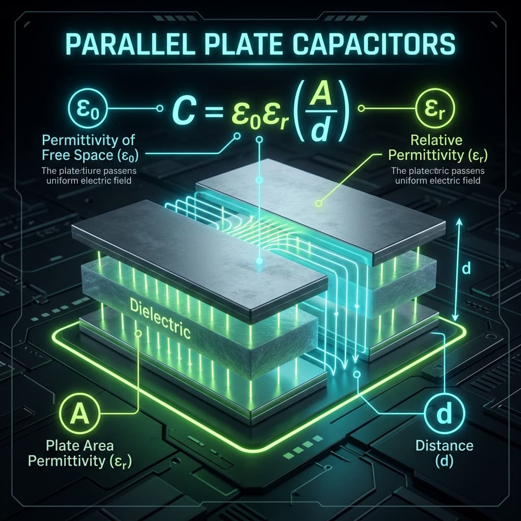 Parallel Plate Capacitor Infographic explaining C = εrε0A/d