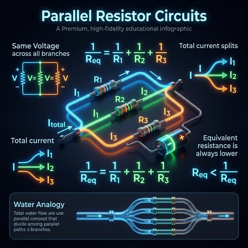 Parallel Resistor Infographic explaining 1/Req = 1/R1 + 1/R2