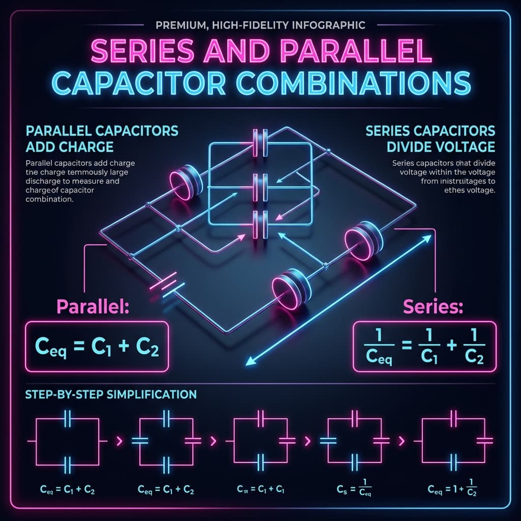 Series and Parallel Capacitance Infographic explaining Ceq = C1 + C2 and 1/Ceq = 1/C1 + 1/C2