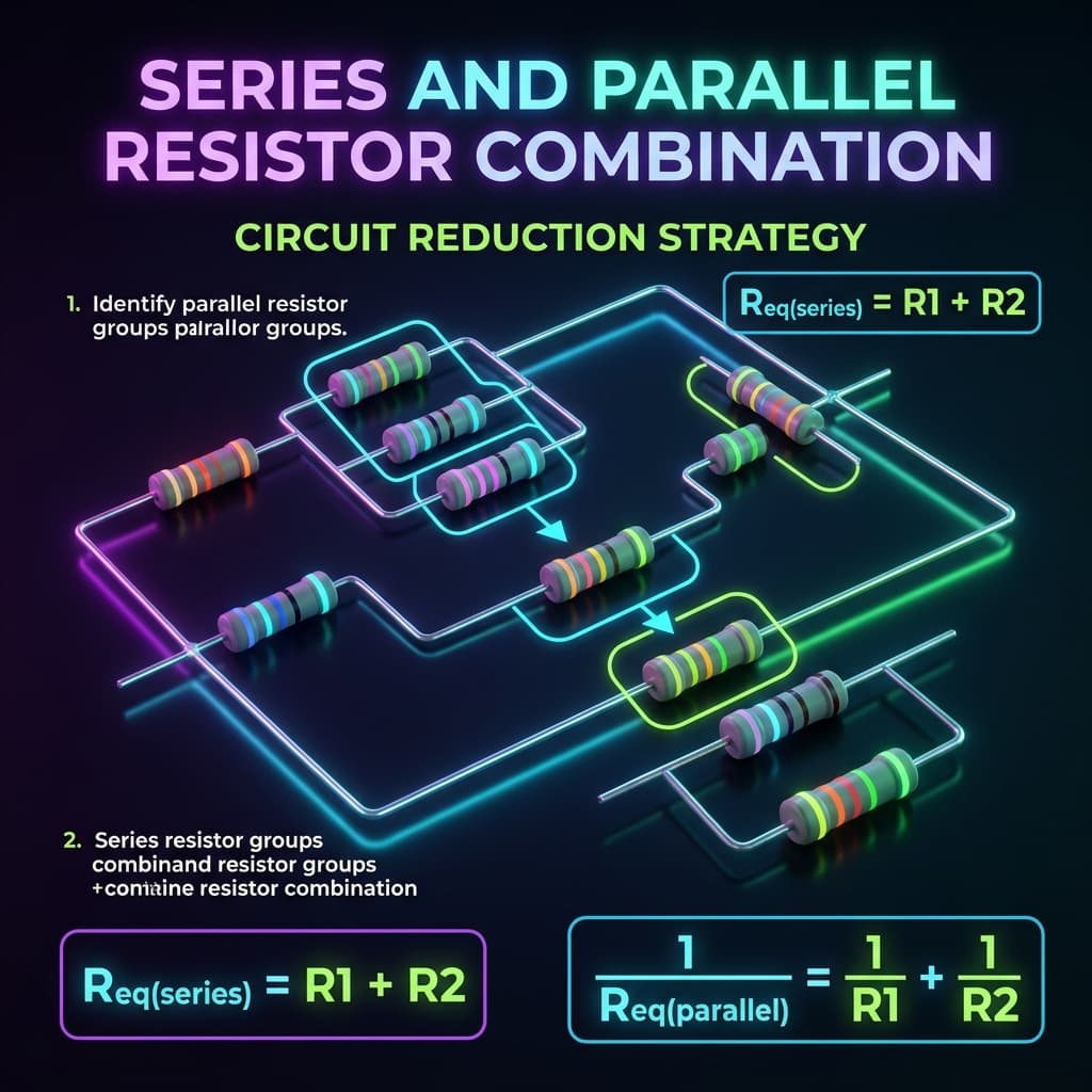 Series and Parallel Resistor Infographic explaining step-by-step circuit simplification