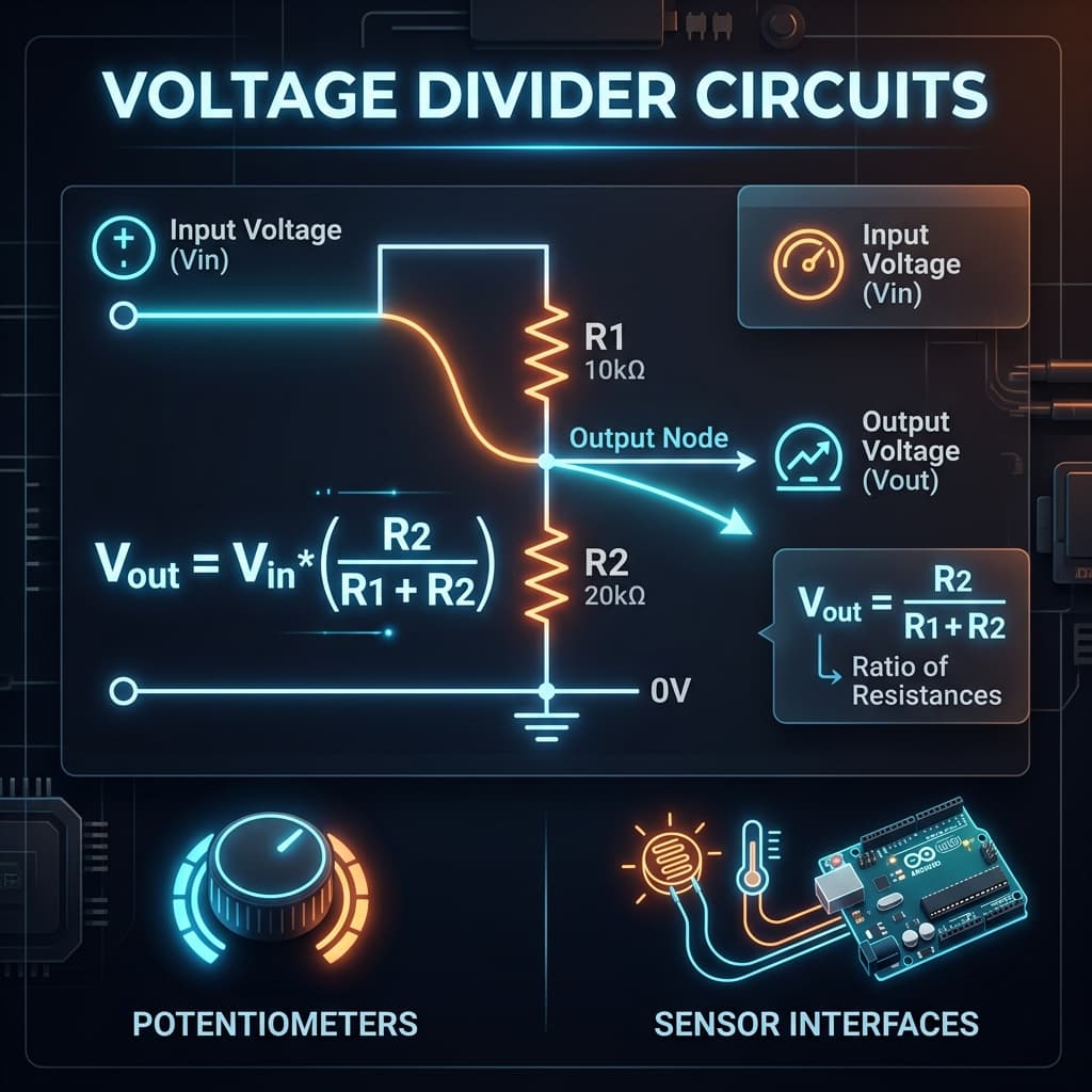Voltage Divider Infographic explaining Vout = Vin * (R2 / (R1 + R2))