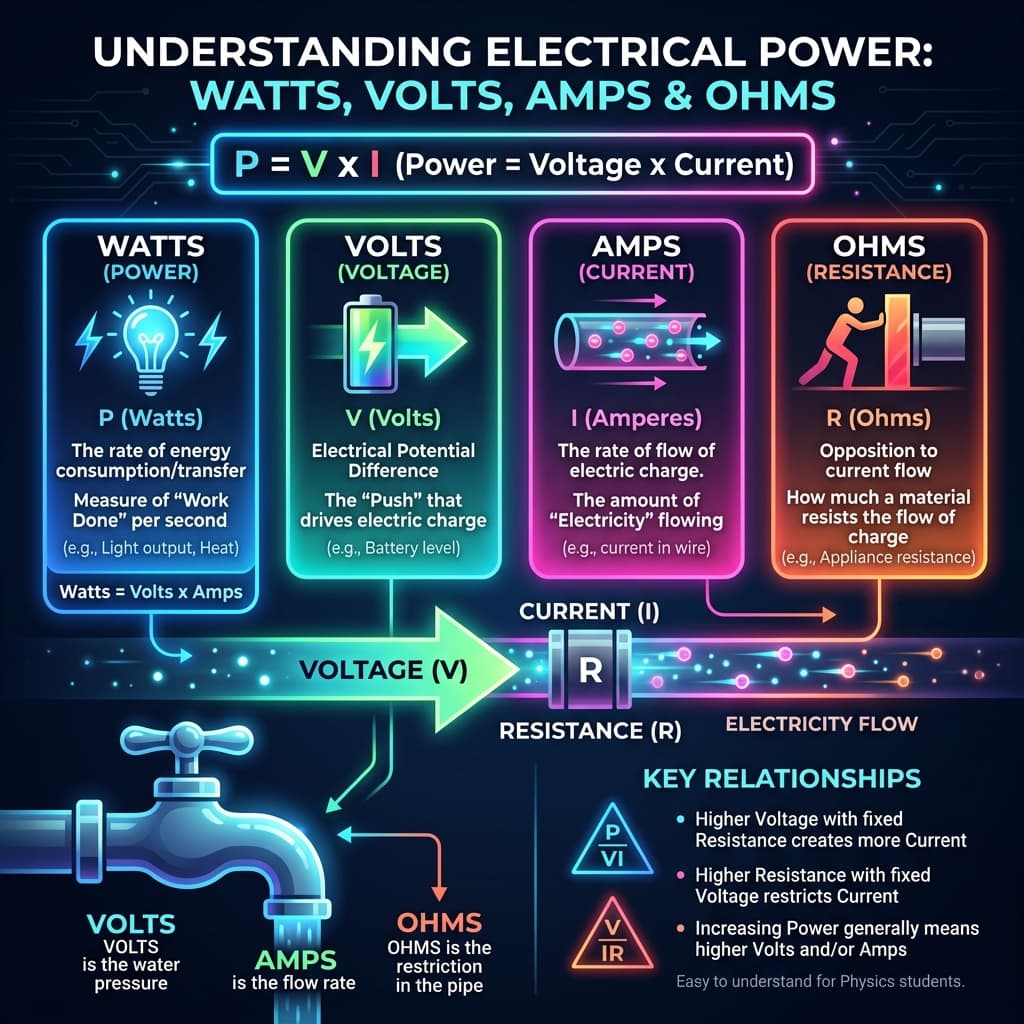 Watts Law Infographic showing the relationship between Power, Voltage, Current, and Resistance