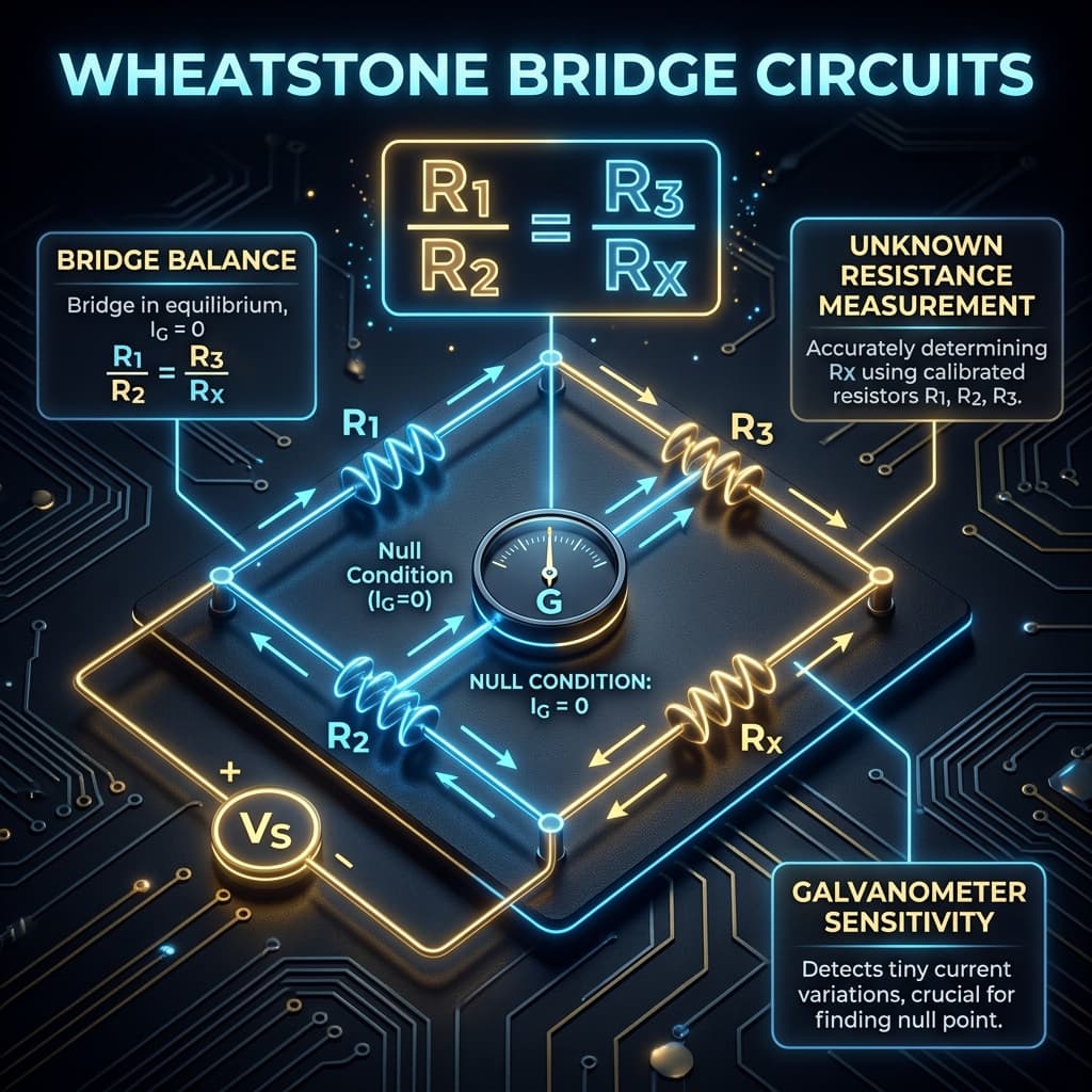 Wheatstone Bridge Infographic explaining the diamond circuit and balance condition